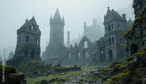 A misty, melancholic landscape reveals a collection of crumbling stone structures, enveloped in a thick fog, evoking a sense of forgotten grandeur.