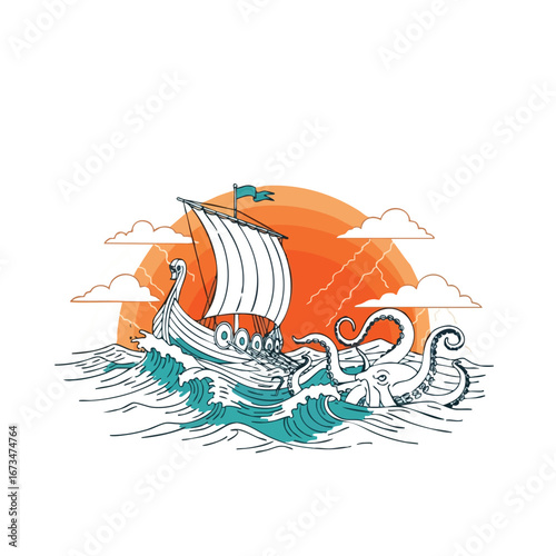 Viking ship sails through turbulent seas while battling a mythical octopus under an orange sunset sky 