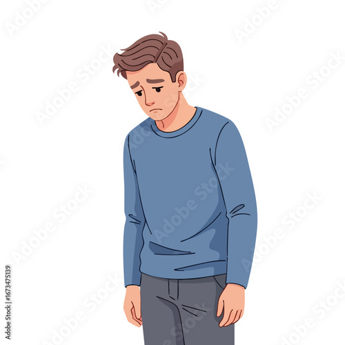 Sad young man in blue sweater expressing feelings of disappointment and loneliness in an illustrative vector style 