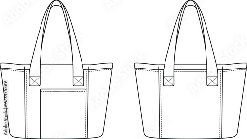 Flat vector CAD drawing of stylish tote bag with double straps, front patch pocket, simple stitching lines, back plain panel