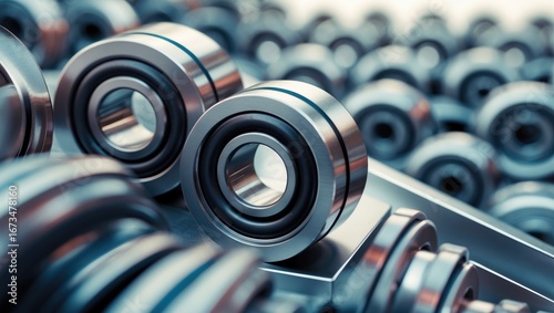 Close-up of ball bearings arranged on a manufacturing conveyor, emphasizing machinery parts and industrial components.