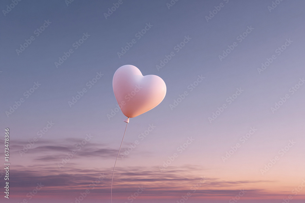 Obraz premium Heart balloon rising into a peaceful sunset sky. A symbol of love, hope, and dreams. Ideal for romance, Valentines Day, or inspirational themes. Serene, minimalist style.