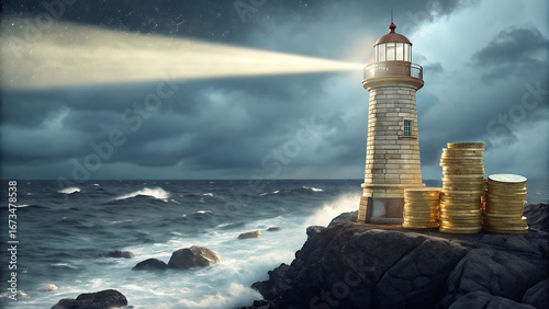 Lighthouse at Night with Shining Beam and Stack of Coins on Rocky Coastline Symbolizing Financial Guidance and Security