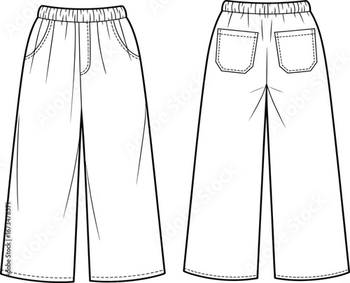 Flat vector CAD drawing of women’s wide-leg pants with elastic waistband, side pockets, back patch pockets, and stitched hemline