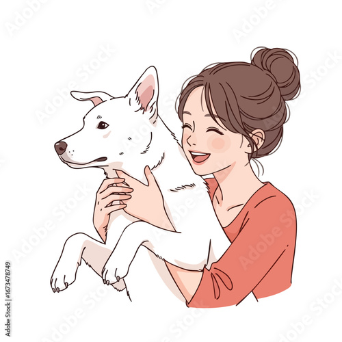 Woman joyfully embraces a white dog, showcasing the bond between pet and owner in a heartwarming illustration 