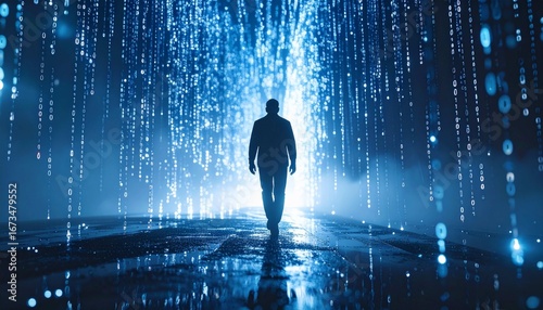 A silhouette of a man walking on a wet road, surrounded by a rain of glowing digital binary code. This image symbolizes the concept of artificial intelligence (AI), the digital world, and the interact