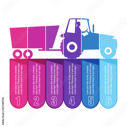 Agricultural machinery. Vehicle for field farm work. Industrial tractor transport icon with six features or option of project to select. Infographic for business information visualization.