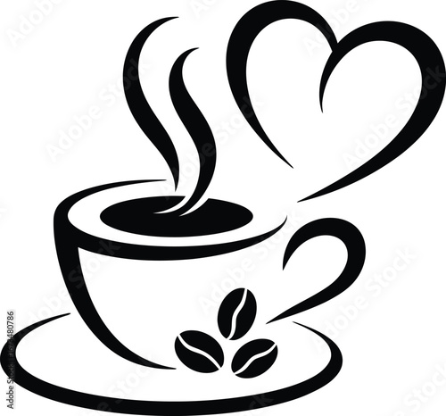 Coffee Cup with Steam, Beans, and Heart Outline