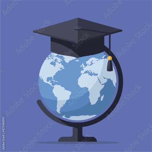 A graduation cap sits atop a globe, symbolizing global education.