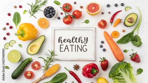 Fresh organic fruits and vegetables arranged with a message about healthy eating for a vibrant lifestyle