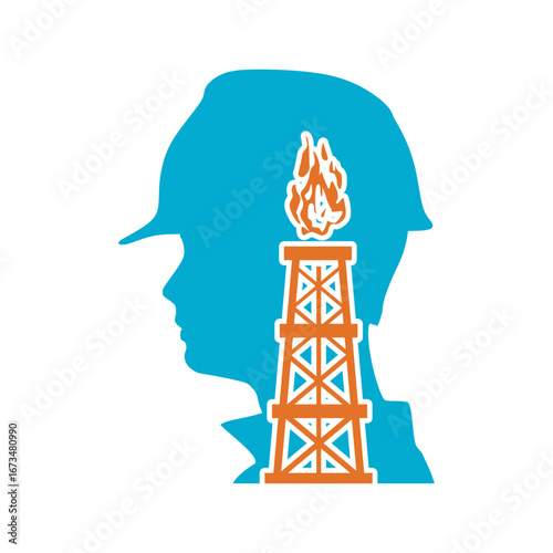 Head of man with gas tower icon. Confident construction manager wearing hardhat. Successful civil engineer. Project management, engineering and safety inspection of oil and natural gas industry