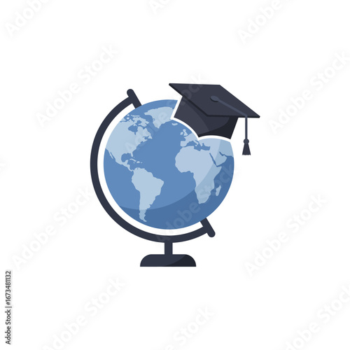 A blue globe wearing a black graduation cap, symbolizing global education and academic achievement.