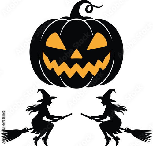 Halloween pumpkin and two witches on broomsticks silhouette