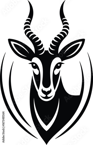 Stylized gazelle head with large horns, looking forward