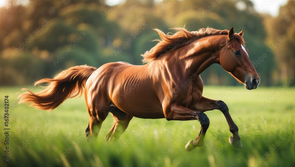 Fototapeta premium A majestic horse running freely in a green field during sunset.