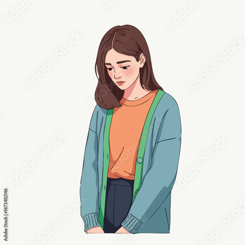 Young woman in casual attire looking down, expressing a moment of reflection and introspection 