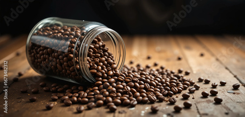 Glass Jar Fallen on Wooden Table with Coffee Beans – Dark Background