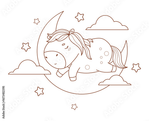 Outline Adorable Sleepy Cartoon Horse on Moon with Clouds and Stars. Cute Dreamy Pony Kawaii Animal. Line drawing, coloring book. Vector illustration. Kids collection. Not AI