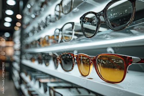 Eyeglasses and sunglasses on store shelves