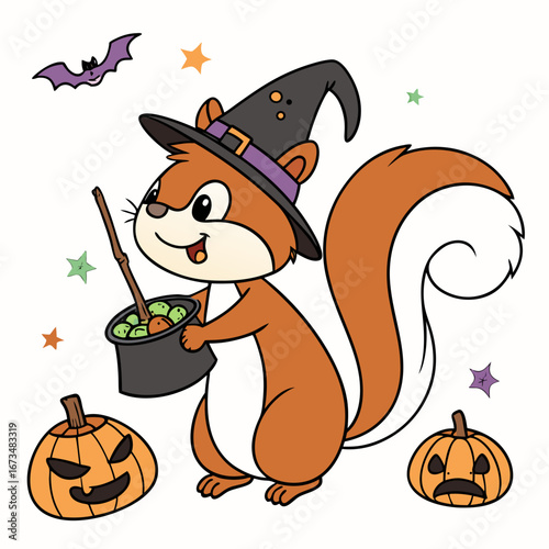 Cute Joyful Squirrel, accessorized with with a magic wand, in a Halloween world – Spooky Fun palette vector