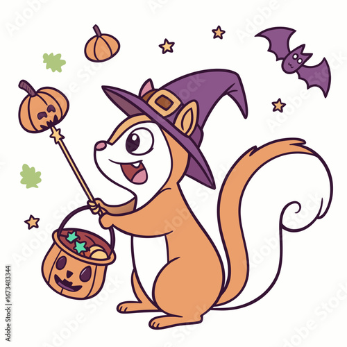 Cute Joyful Squirrel, accessorized with with a magic wand, in a Halloween world – Spooky Fun palette vector