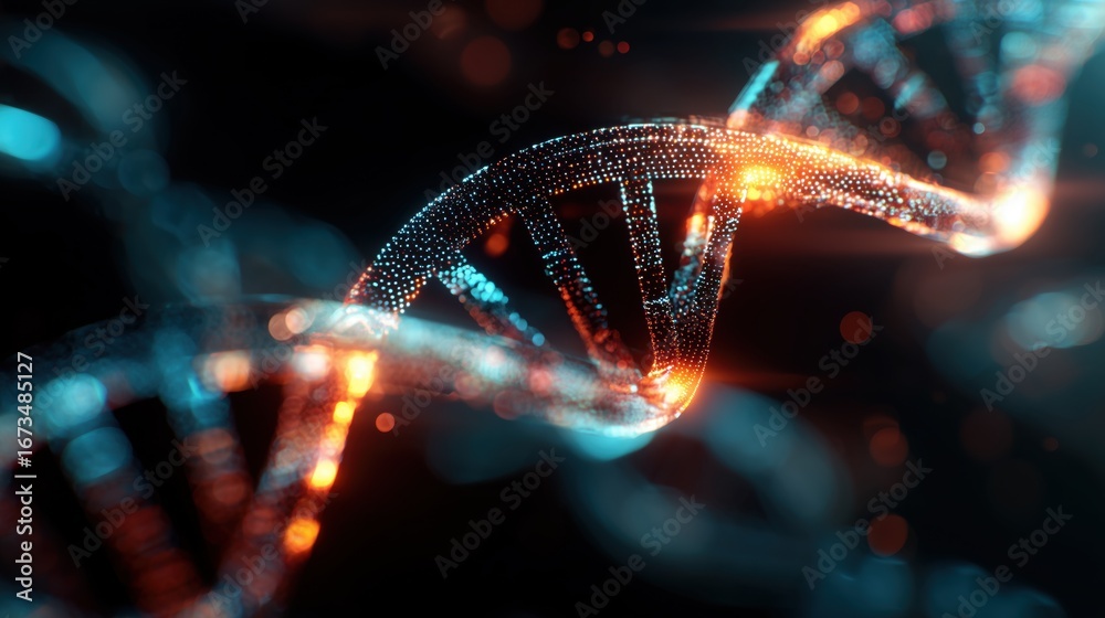 Fototapeta premium Concept of AI-driven medicine development, futuristic computer analyzing DNA helix and drug molecules, glowing data streams, advanced biotech environment, ultra realistic
