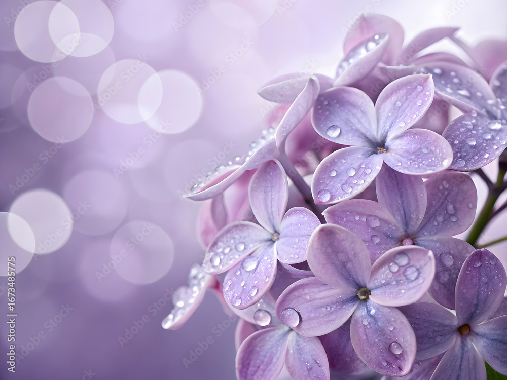 Fototapeta premium Purple Lilac Flowers with Water Droplets floral bloom