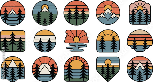 Set of mountain and sunset badges in hexagon and rounded shapes 