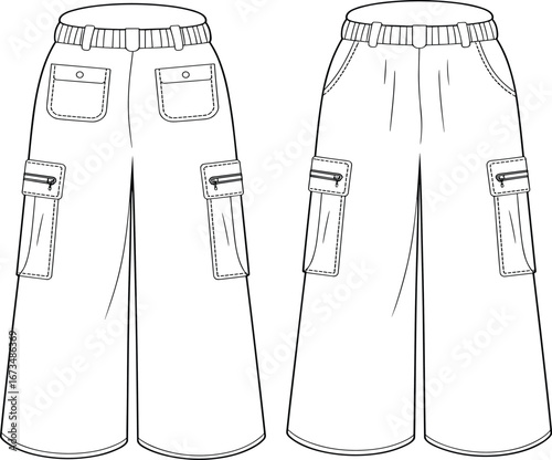 Flat vector CAD illustration of women’s wide-leg cargo pants with flap pockets, side zippers, belt loops, and seam detailing