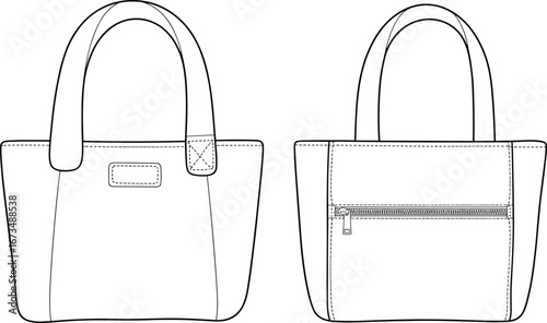Flat vector CAD sketch of small tote handbag with wide straps, back zipper pocket, front patch detail, simple structured shape