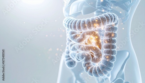 3D illustration of the human digestive system highlighting the large intestine and small intestine with light effects indicating health, activity, or the digestive process