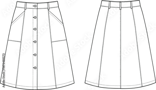 Front button skirt flat sketch, fashion cad drawing, technical vector template, design outline, front and back view illustration, apparel layout