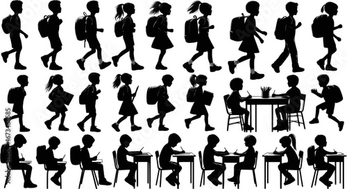 Back to school. Silhouettes of school-aged children in everyday activities. EPS version.