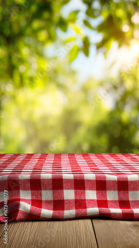 A red and white checkered tablecloth covers a wooden table, with a blurred green foliage background suggesting a picnic or outdoor setting.