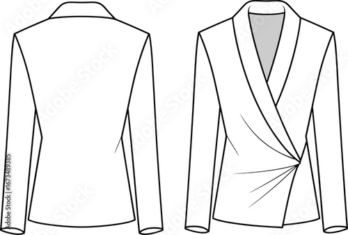 Flat vector CAD sketch of women’s draped wrap front blazer with clean back, long sleeves, and modern fashion silhouette design