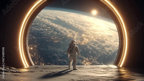 A close-up of an astronaut standing at a large, glowing circular window, looking at Earth from space. The detailed view of the planet and the glowing frame create a striking visual. 3D Illustration
