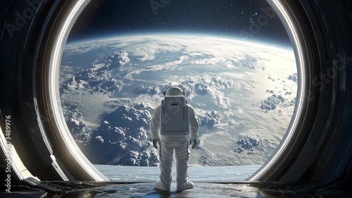 A close-up of an astronaut standing at a large, glowing circular window, looking at Earth from space. The detailed view of the planet and the glowing frame create a striking visual. 3D Illustration
