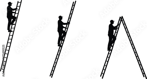 Silhouette of man climbing ladder in different positions, ladder safety, work at height, construction, maintenance, black vector illustration.