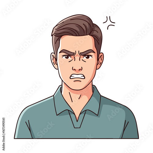 Angry young man expressing frustration with a scowl in a casual green shirt illustration 