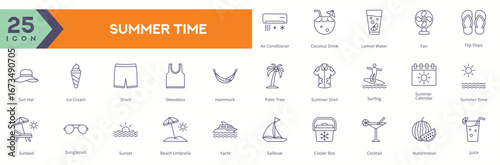 Summer Time Icon Set features 25 outline vector illustrations inspired by tropical holidays, beach activities, and summer essentials.
Featuring element such as sun hat, ice cream, hammock and more.
