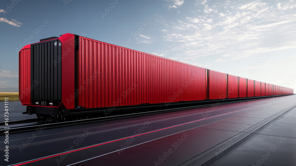 Obraz premium Modern cargo train, innovative red container, streamlined design, transportation, outdoor