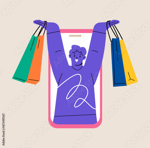 Man with shopping bags in her hands on screen of smartphone. Colorful vector illustration