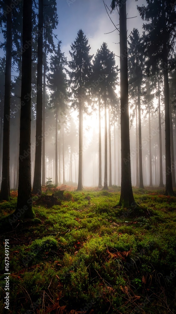 Obraz premium Misty forest path bathed in sunlight (1)