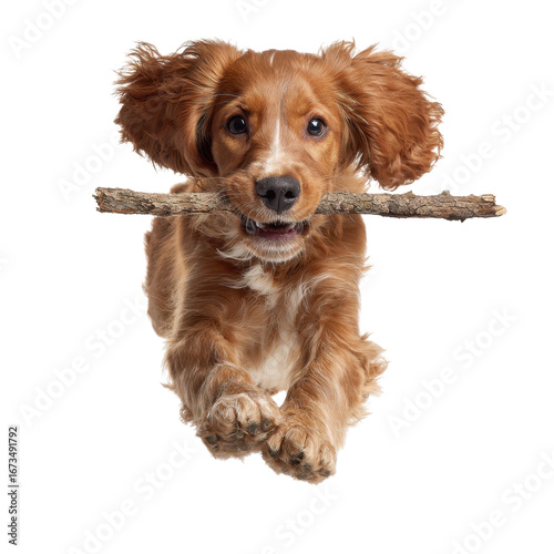 Playful Dog Jumping with Stick in Mouth Against Transparent Background