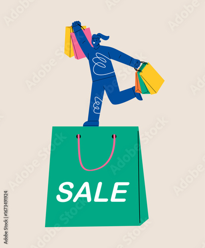 Woman standing in big shoping bag. Colorful vector illustration