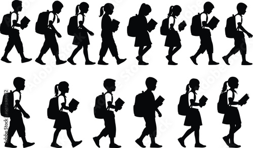 Silhouette of School Children Walking with Backpacks and Books, Boys and Girls Students Isolated on White Background Vector Illustration