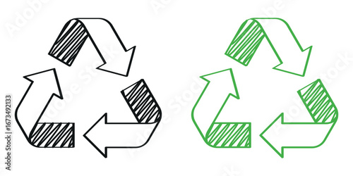 Doodle recycle icon with partial scribble, black and green color. Simple sustainability symbol illustration vector design. 