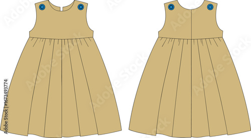 Flat vector illustration of toddler sleeveless pleated dress with shoulder button details, front and back view, kids fashion sketch