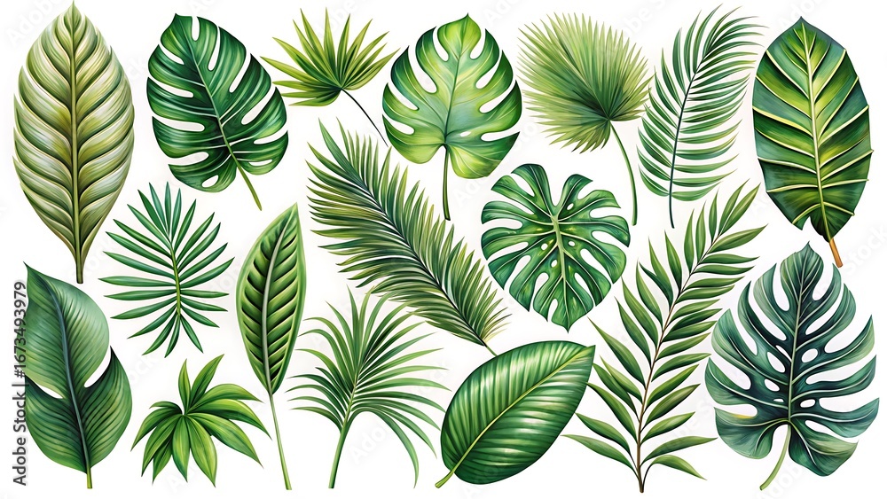 Fototapeta premium Collection of green leaves, including palm leaves, are shown in various sizes