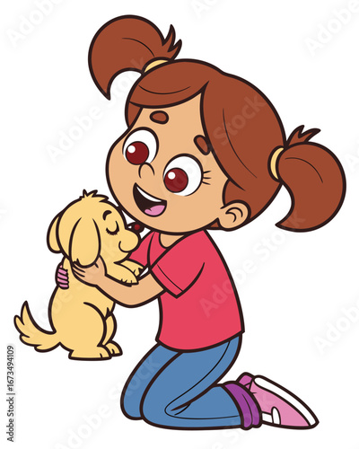 girl with brown hair in pigtails, wearing a pink t-shirt and blue jeans. She's kneeling and happily hugging a small, light brown puppy. The puppy has its eyes closed and appears to be enjoying the hug